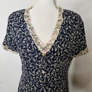 Vintage Moda Int'l Dress Size 10 70s Floral Navy Maxi Ruffle Cottagecore Prairie